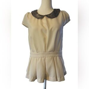 Sequined Collar Blouse with Peplum Off-white and silver Coquette Large